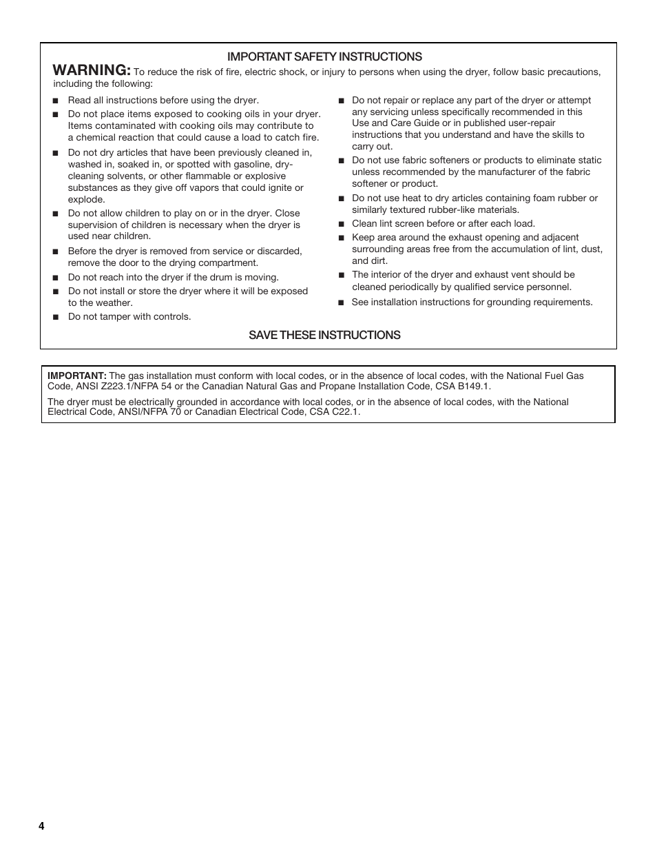 Warning, Important safety instructions, Save these instructions | Maytag W10099060 User Manual | Page 4 / 76