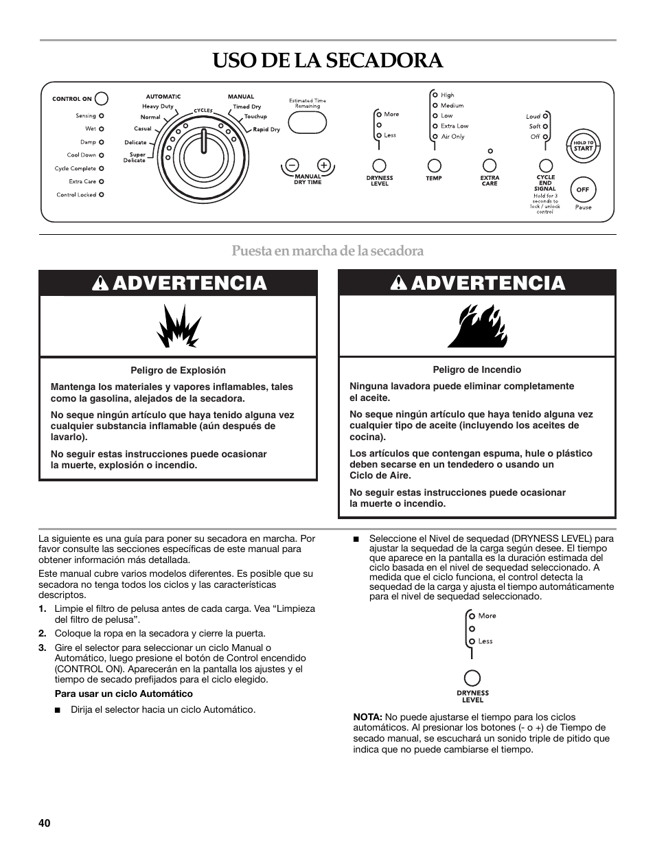 Uso de la secadora, Advertencia, Puesta en marcha de la secadora | Maytag W10099060 User Manual | Page 40 / 76