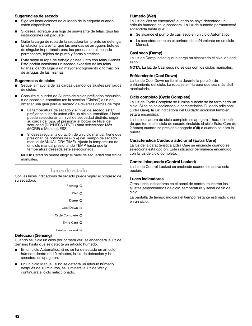 Luces de estado | Maytag W10099060 User Manual | Page 42 / 76