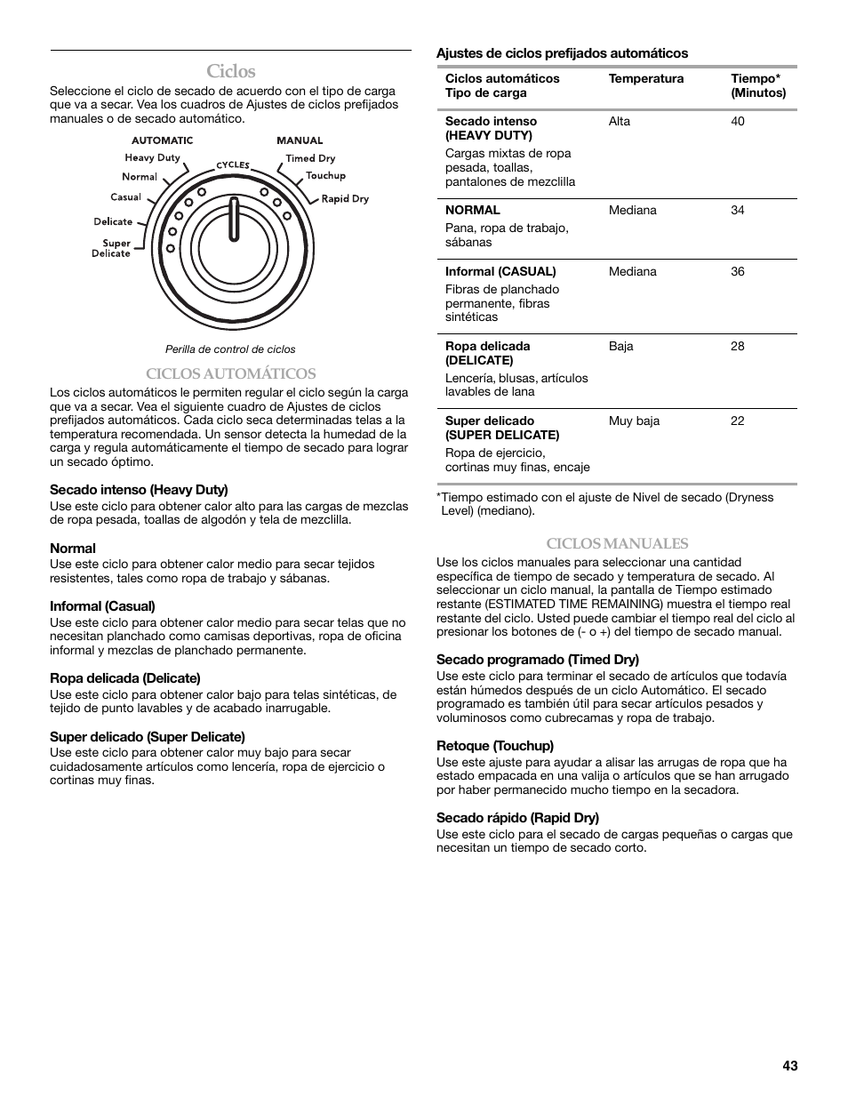 Ciclos | Maytag W10099060 User Manual | Page 43 / 76
