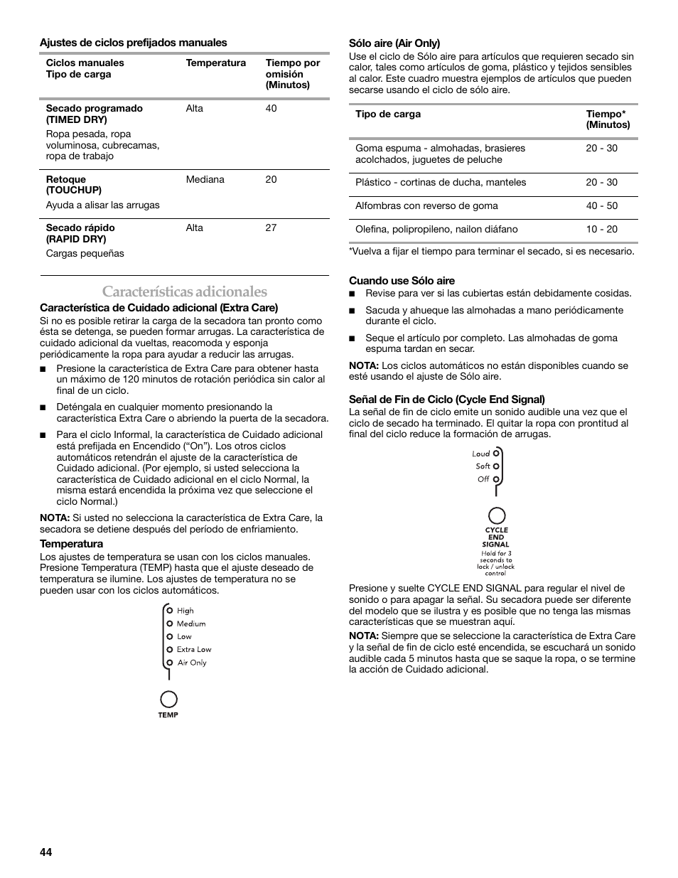 Características adicionales | Maytag W10099060 User Manual | Page 44 / 76