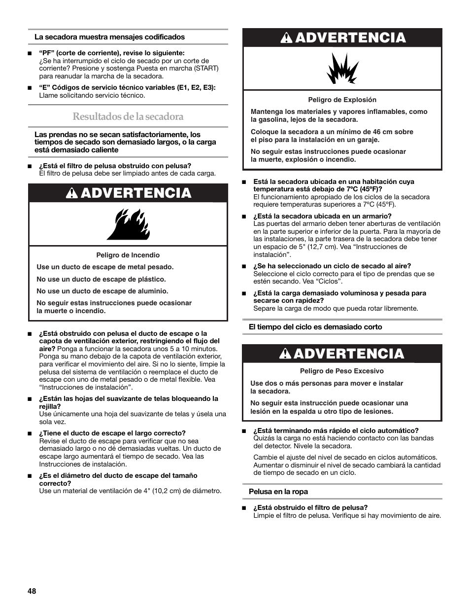 Advertencia, Resultados de la secadora | Maytag W10099060 User Manual | Page 48 / 76