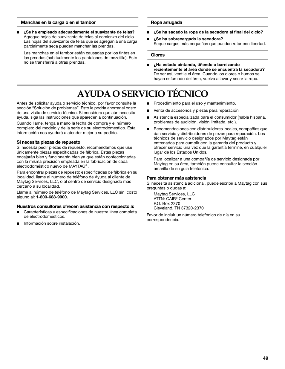 Ayuda o servicio técnico | Maytag W10099060 User Manual | Page 49 / 76