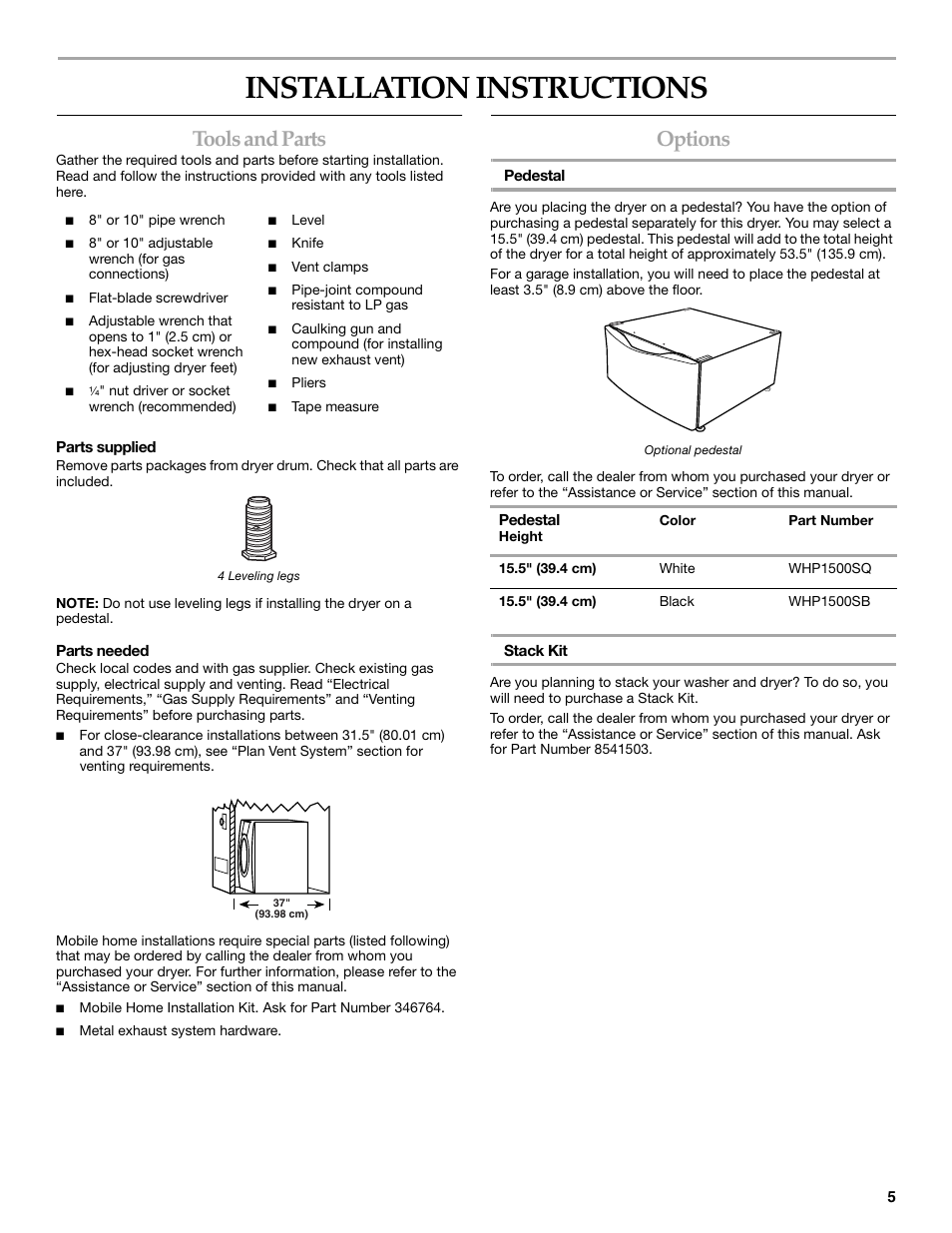 Installation instructions, Tools and parts, Options | Maytag W10099060 User Manual | Page 5 / 76