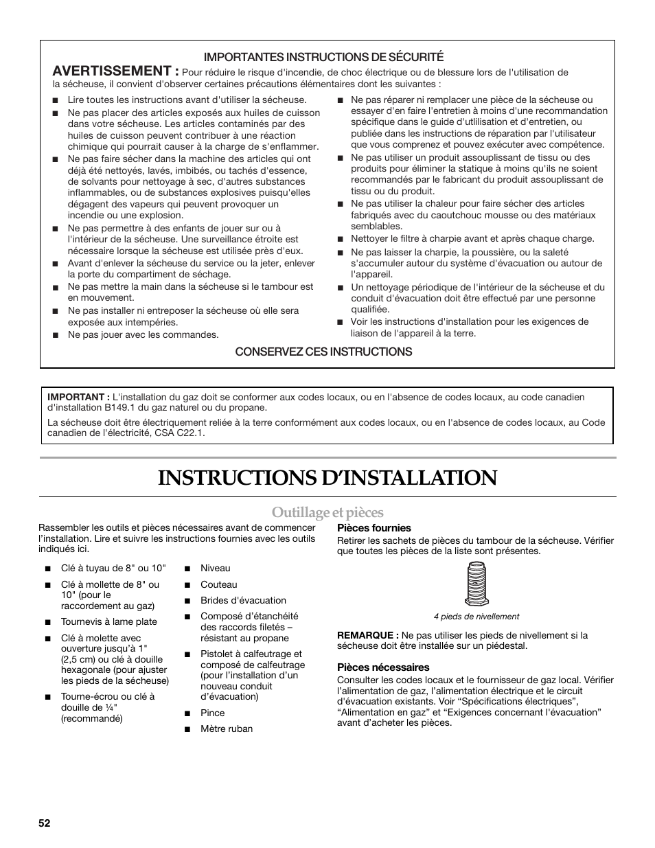 Instructions d’installation, Outillage et pièces, Avertissement | Importantes instructions de sécurité, Conservez ces instructions | Maytag W10099060 User Manual | Page 52 / 76