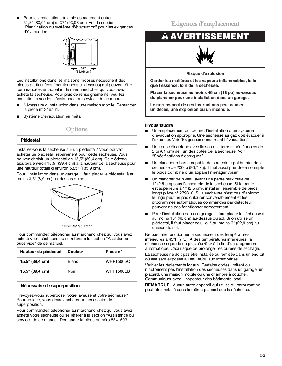 Avertissement, Options, Exigences d’emplacement | Maytag W10099060 User Manual | Page 53 / 76