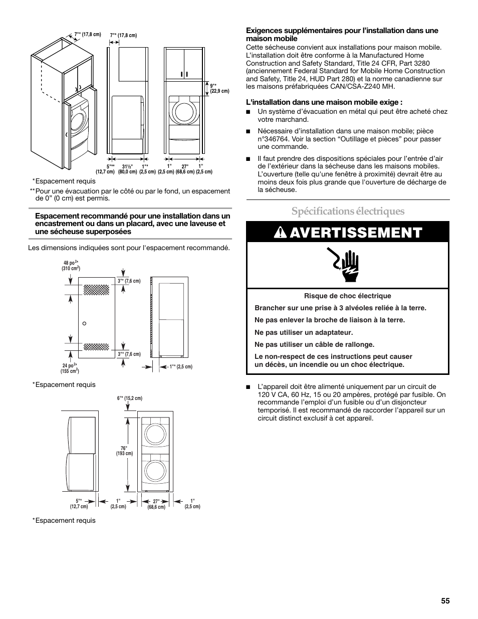 Avertissement, Spécifications électriques, L'installation dans une maison mobile exige | Maytag W10099060 User Manual | Page 55 / 76