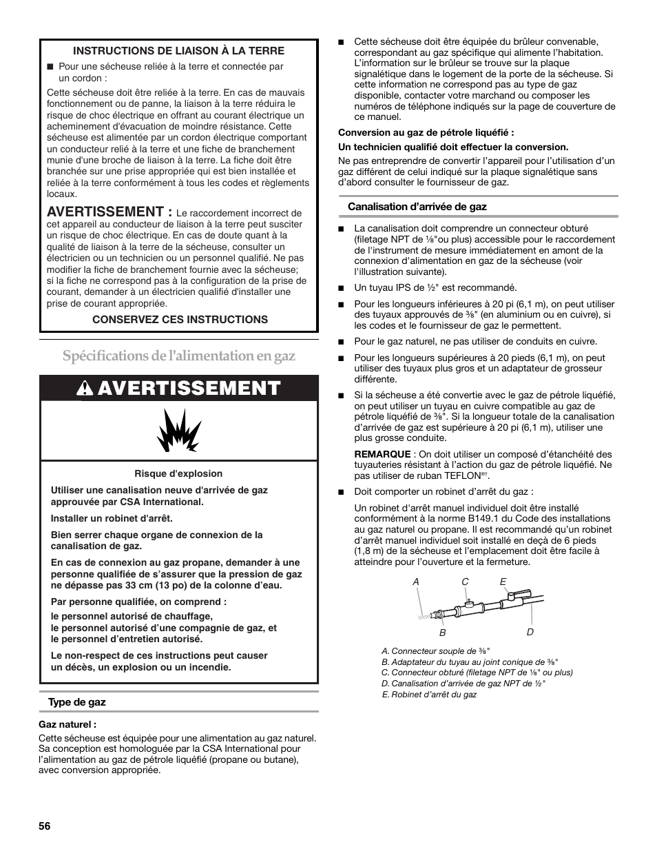 Spécifications de l'alimentation en gaz, Avertissement | Maytag W10099060 User Manual | Page 56 / 76