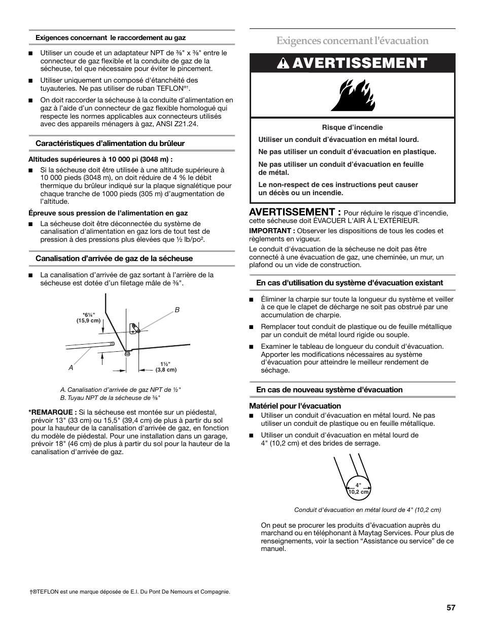 Exigences concernant l'évacuation, Avertissement | Maytag W10099060 User Manual | Page 57 / 76