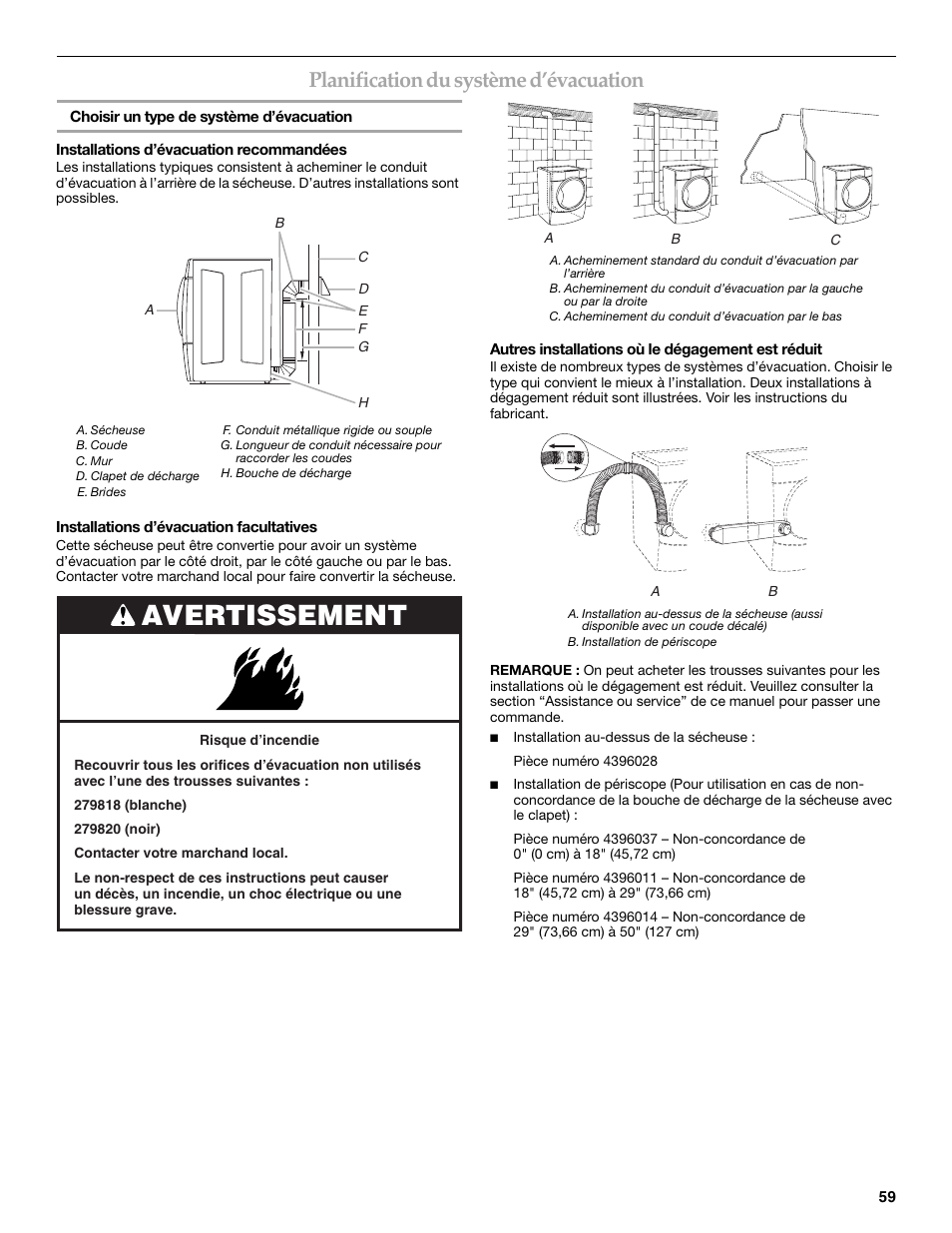 Avertissement, Planification du système d’évacuation | Maytag W10099060 User Manual | Page 59 / 76