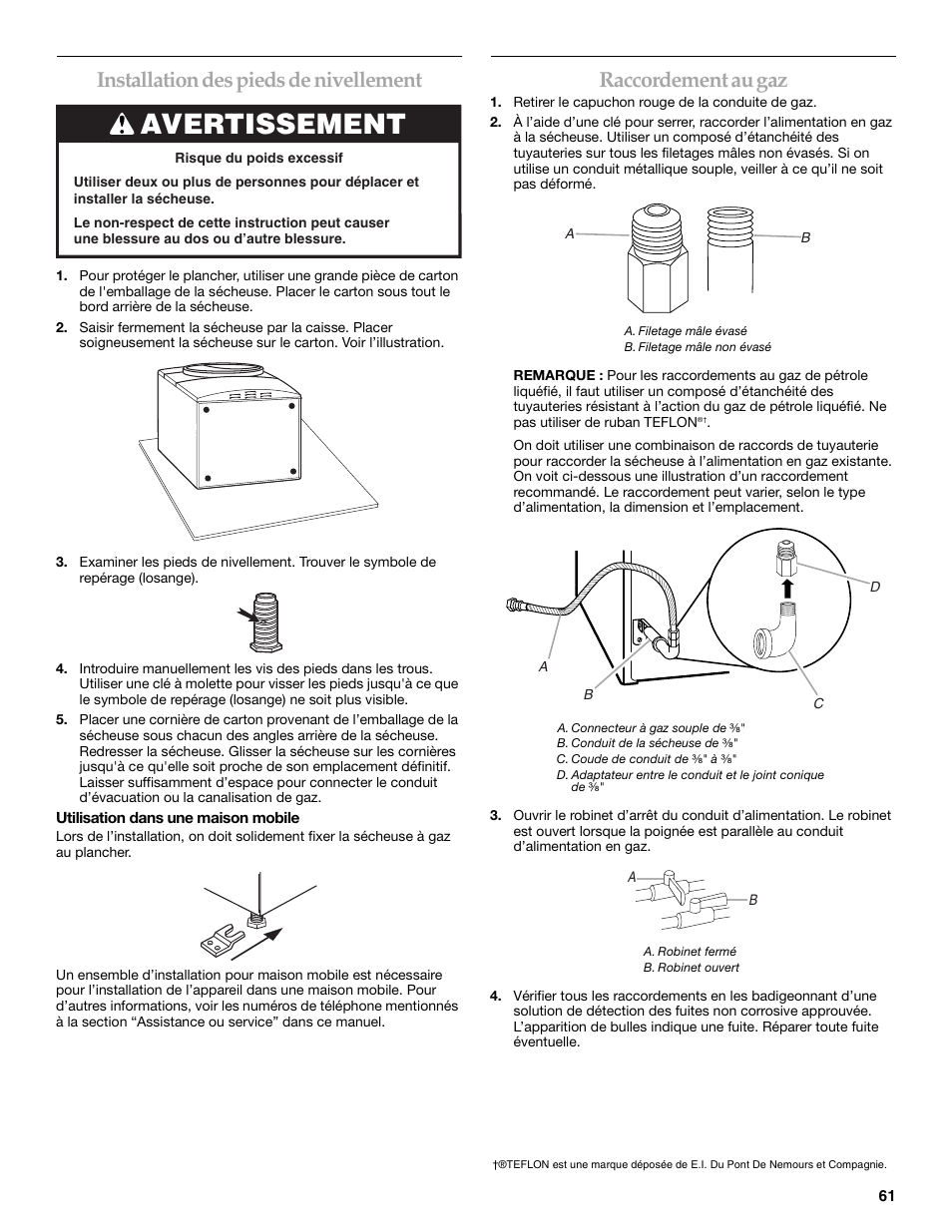 Avertissement, Installation des pieds de nivellement, Raccordement au gaz | Maytag W10099060 User Manual | Page 61 / 76