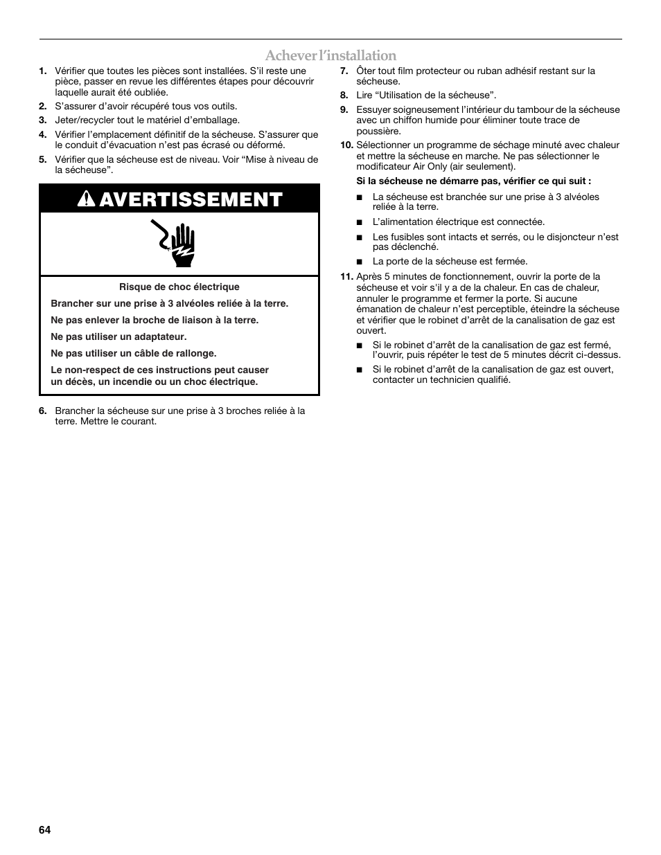 Avertissement, Achever l’installation | Maytag W10099060 User Manual | Page 64 / 76