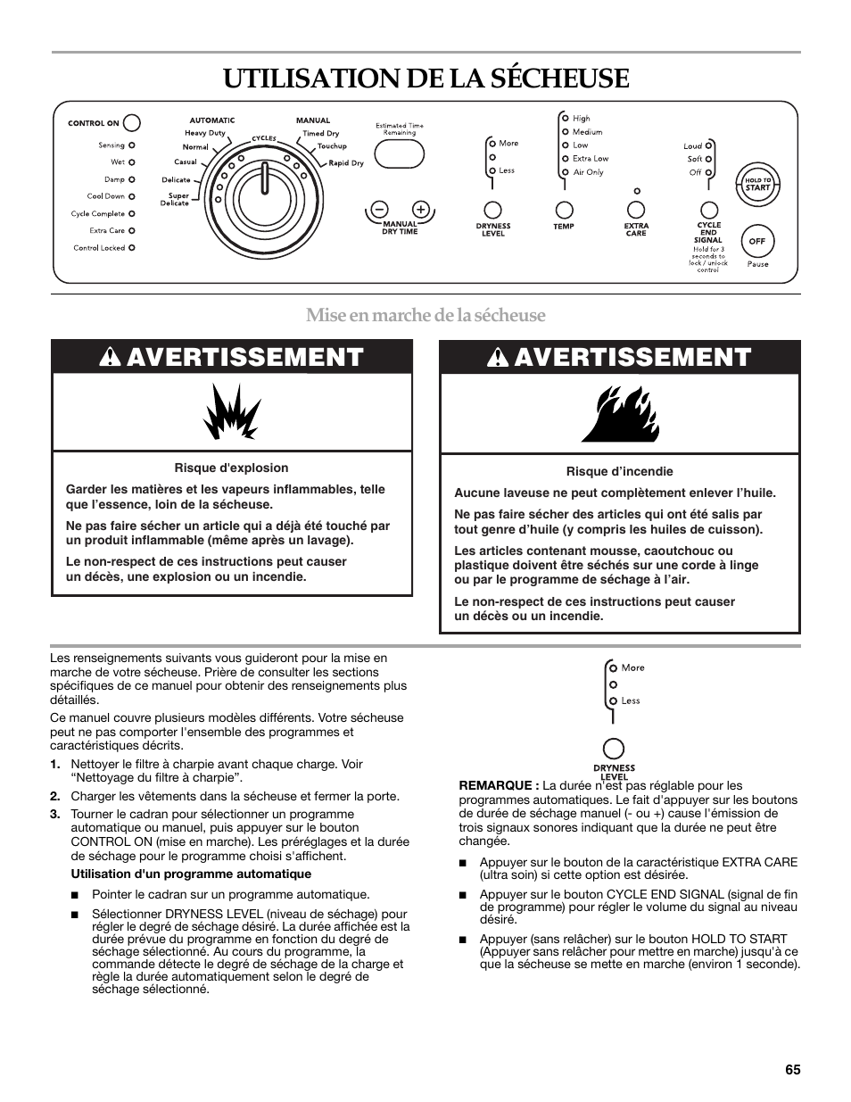 Utilisation de la sécheuse, Avertissement, Mise en marche de la sécheuse | Maytag W10099060 User Manual | Page 65 / 76