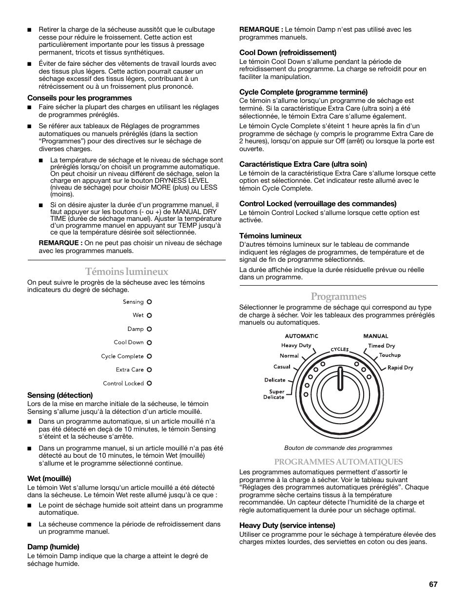 Témoins lumineux, Programmes | Maytag W10099060 User Manual | Page 67 / 76