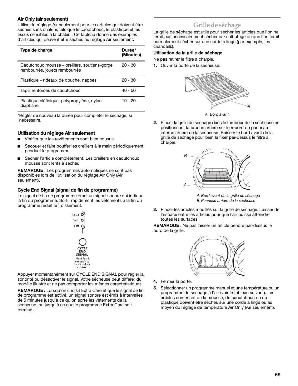 Grille de séchage | Maytag W10099060 User Manual | Page 69 / 76