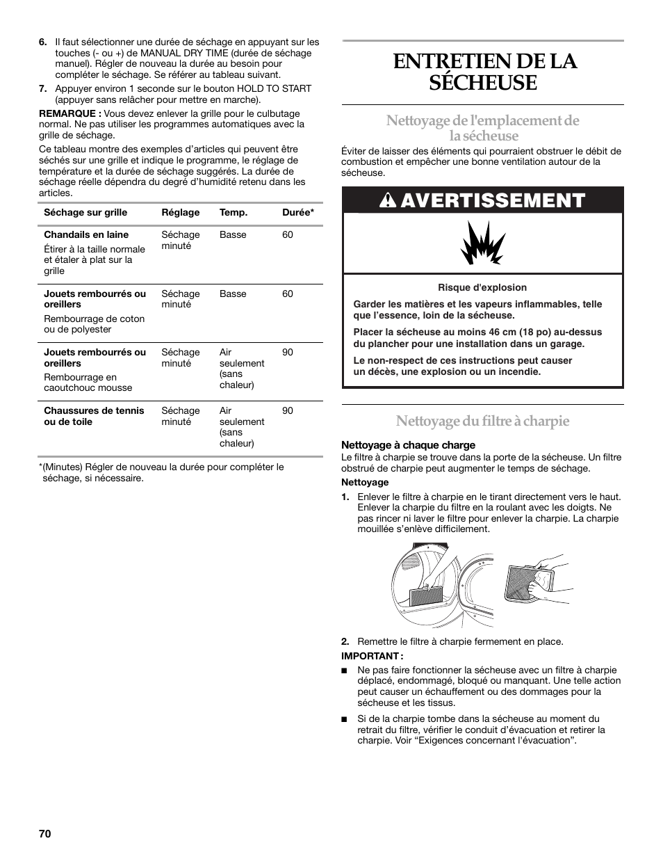 Entretien de la sécheuse, Avertissement, Nettoyage de l'emplacement de la sécheuse | Nettoyage du filtre à charpie | Maytag W10099060 User Manual | Page 70 / 76