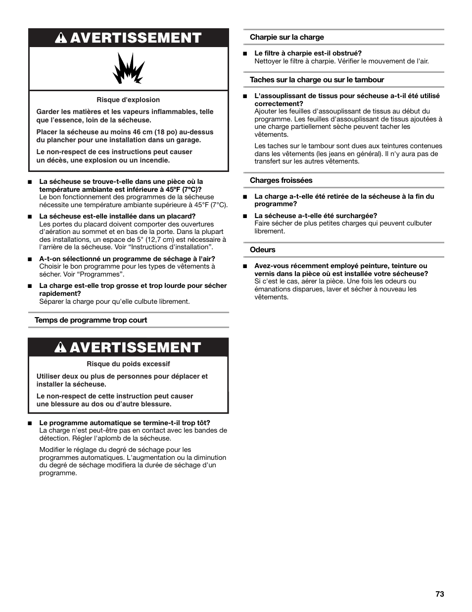 Avertissement | Maytag W10099060 User Manual | Page 73 / 76