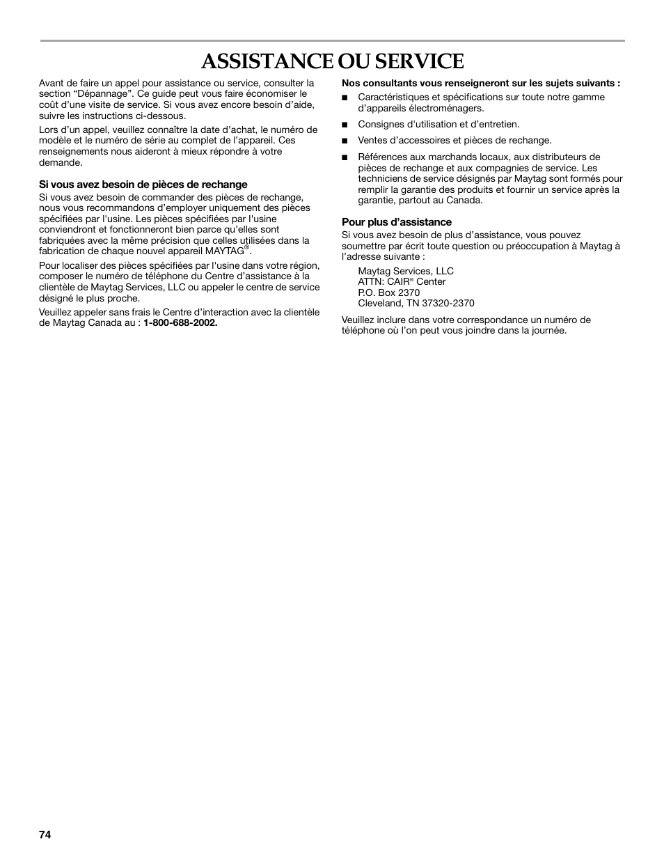 Assistance ou service | Maytag W10099060 User Manual | Page 74 / 76