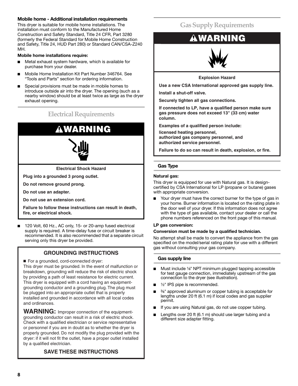 Warning, Electrical requirements, Gas supply requirements | Maytag W10099060 User Manual | Page 8 / 76