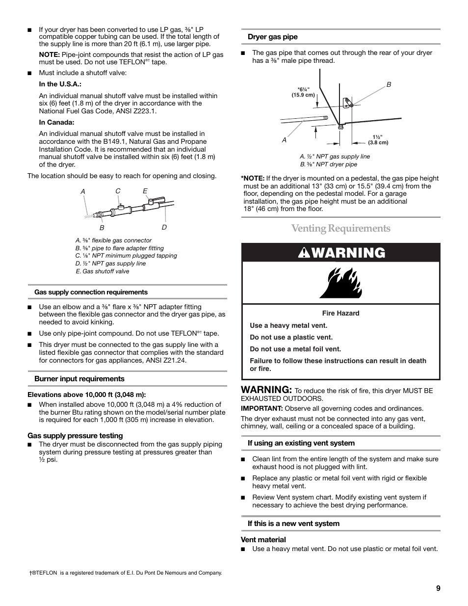 Venting requirements, Warning | Maytag W10099060 User Manual | Page 9 / 76