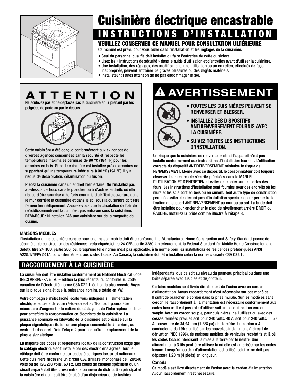 Cuisinière électrique encastrable, Avertissement, Raccordement à la cuisinière | Maytag 8101P716-60 User Manual | Page 4 / 17