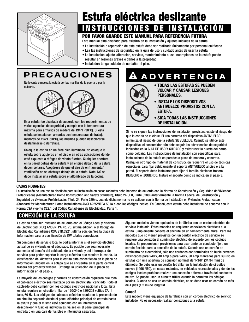 Estufa eléctrica deslizante, Conexión de la estufa | Maytag 8101P716-60 User Manual | Page 6 / 17