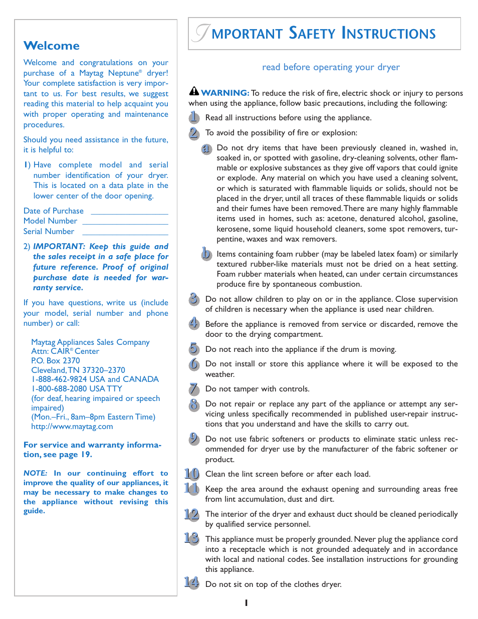 Mportant, Afety, Nstructions | Maytag MD7500 User Manual | Page 2 / 20