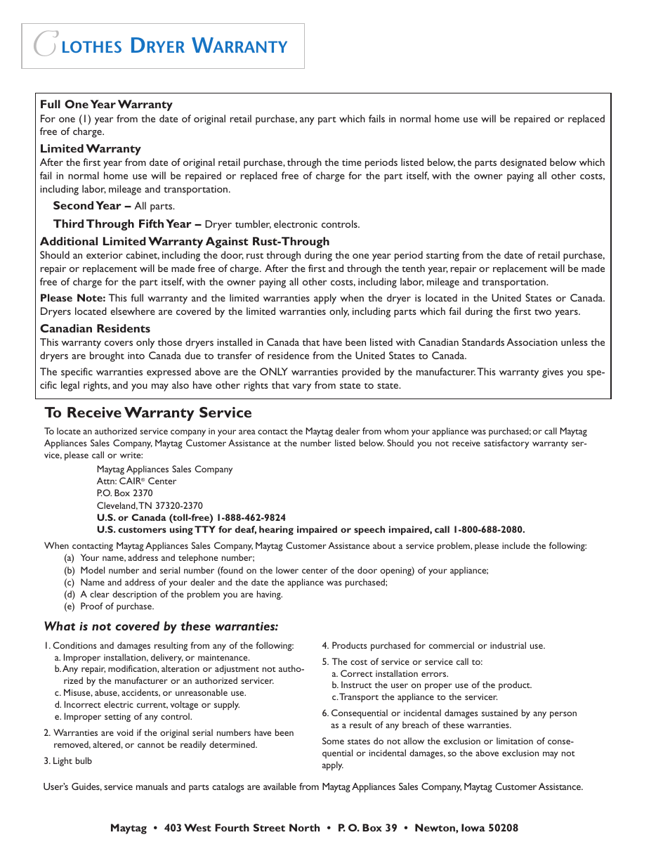 Lothes, Ryer, Arranty | Maytag MD7500 User Manual | Page 20 / 20