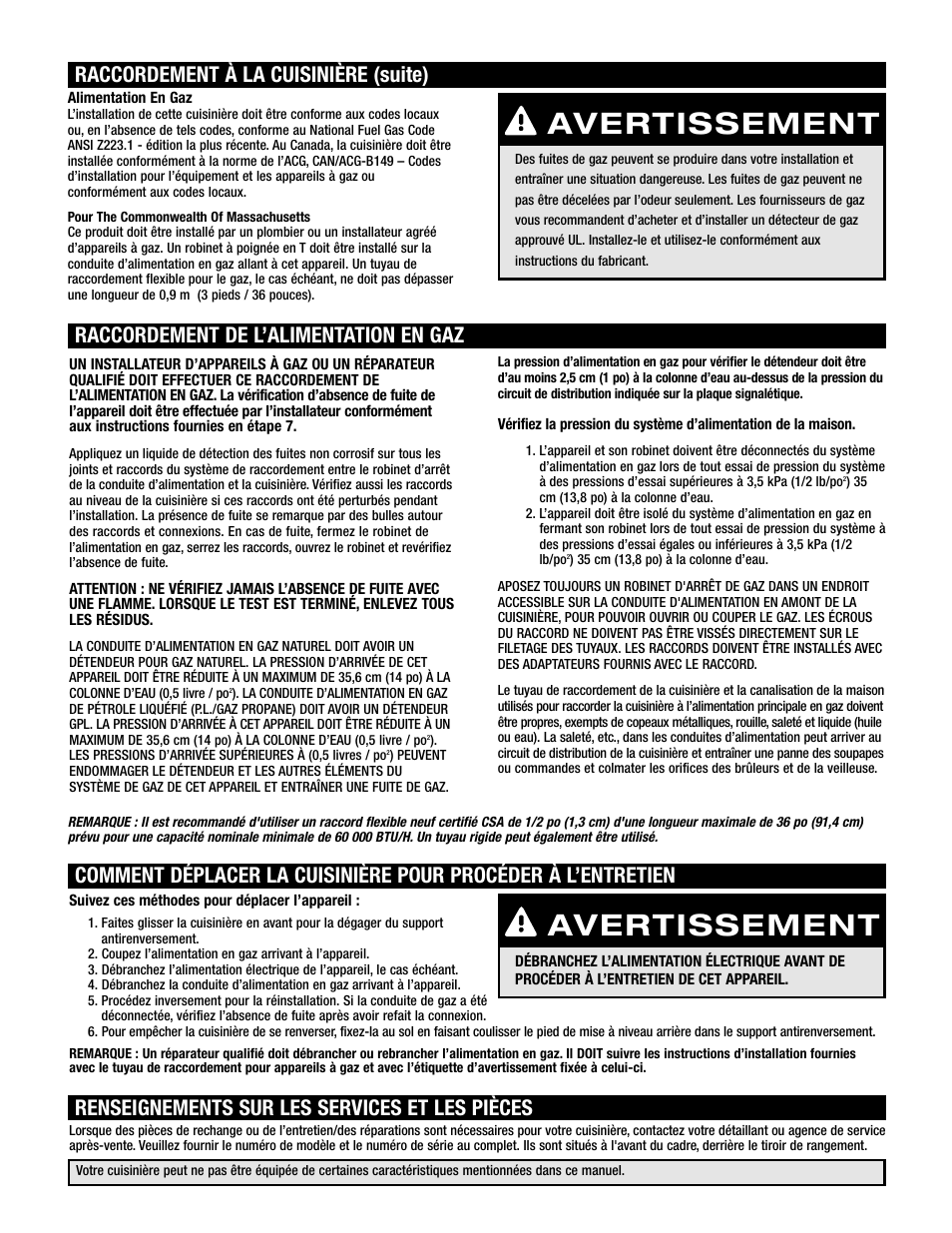 Avertissement, Raccordement à la cuisinière (suite), Raccordement de l’alimentation en gaz | Maytag Oven User Manual | Page 5 / 14