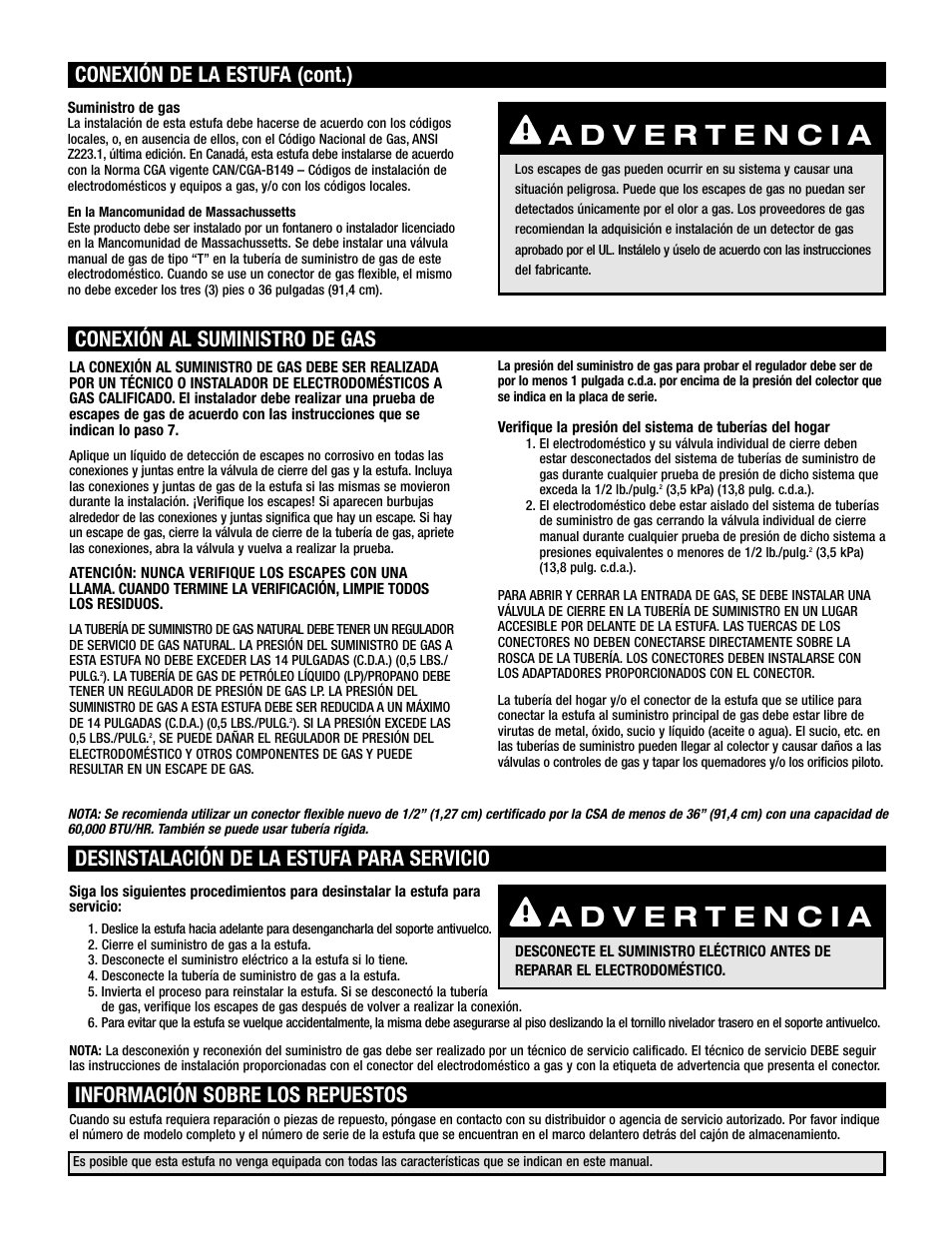 Conexión de la estufa (cont.), Conexión al suministro de gas | Maytag Oven User Manual | Page 7 / 14