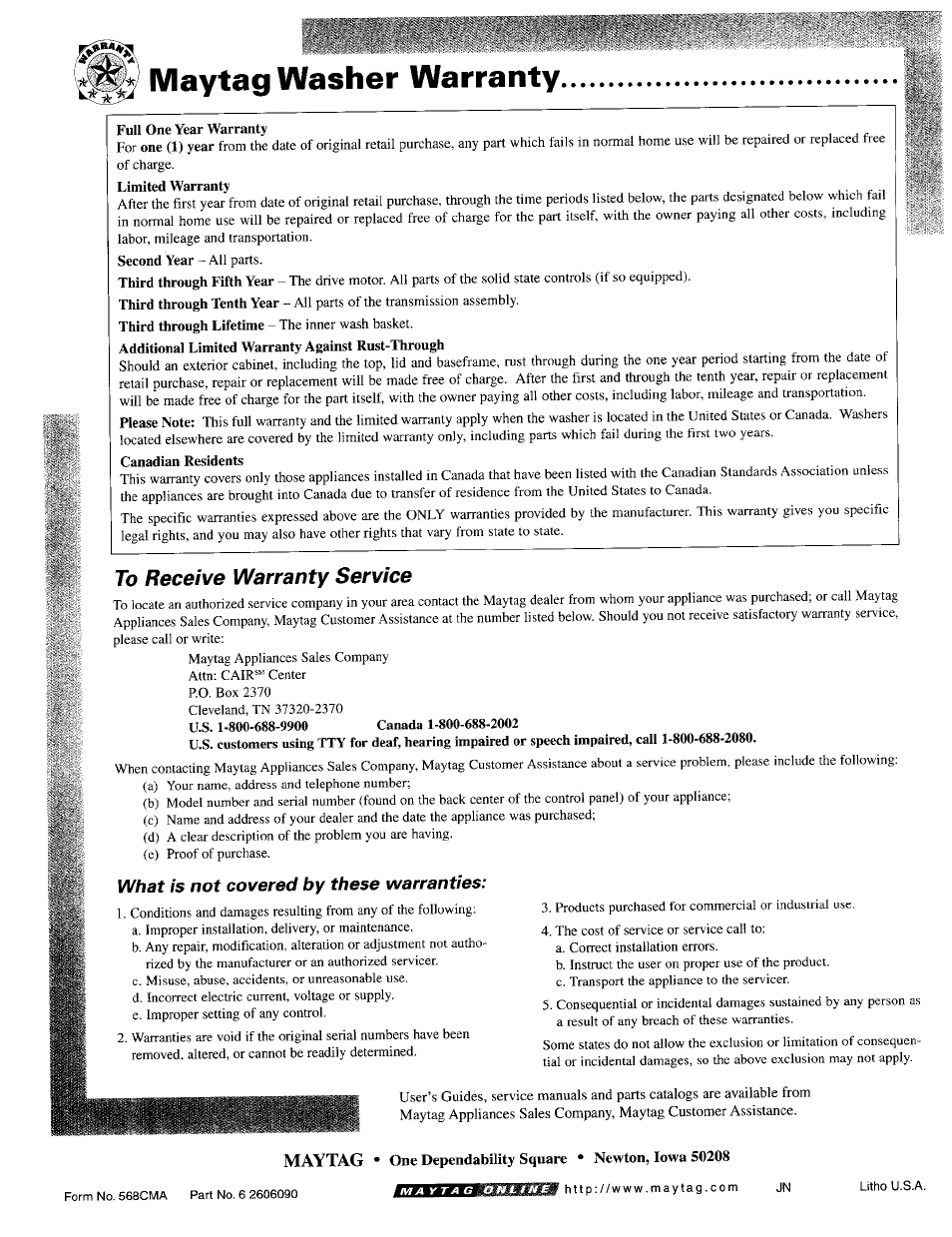 Maytag washer warranty, What is not covered by these warranties, Maytag | Maytag MAV-2 User Manual | Page 10 / 10