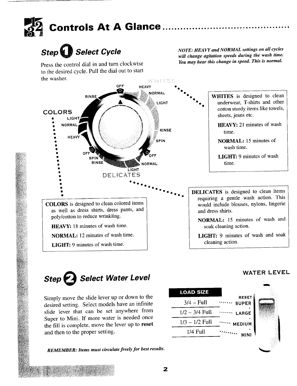 Controls at a glance, Step select cycle, Step select water level | Load size, Controls at a glance -3 | Maytag MAV-2 User Manual | Page 3 / 10