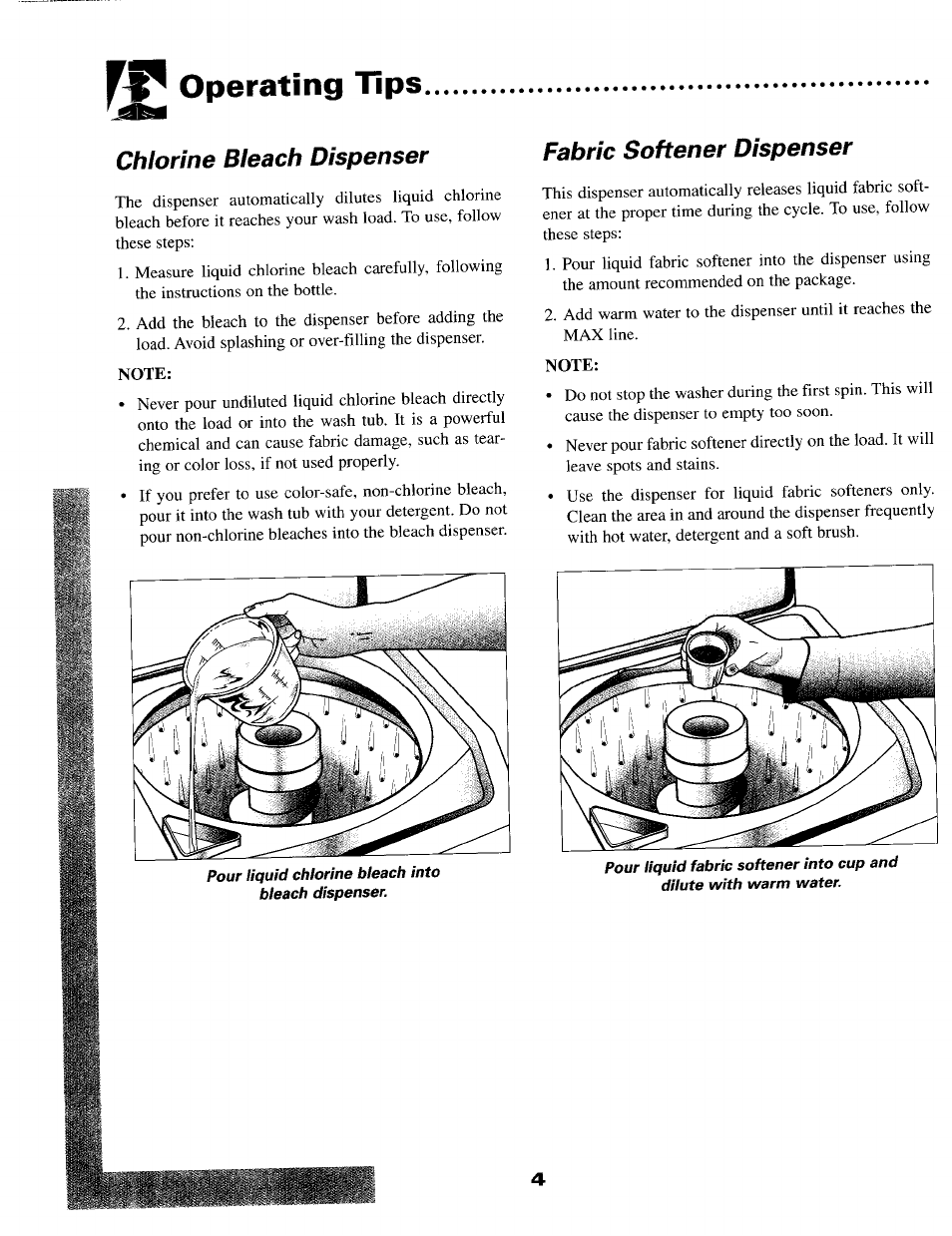Operating tips, Chlorine bleach dispenser, Fabric softener dispenser | Operating tips -5 | Maytag MAV-2 User Manual | Page 5 / 10