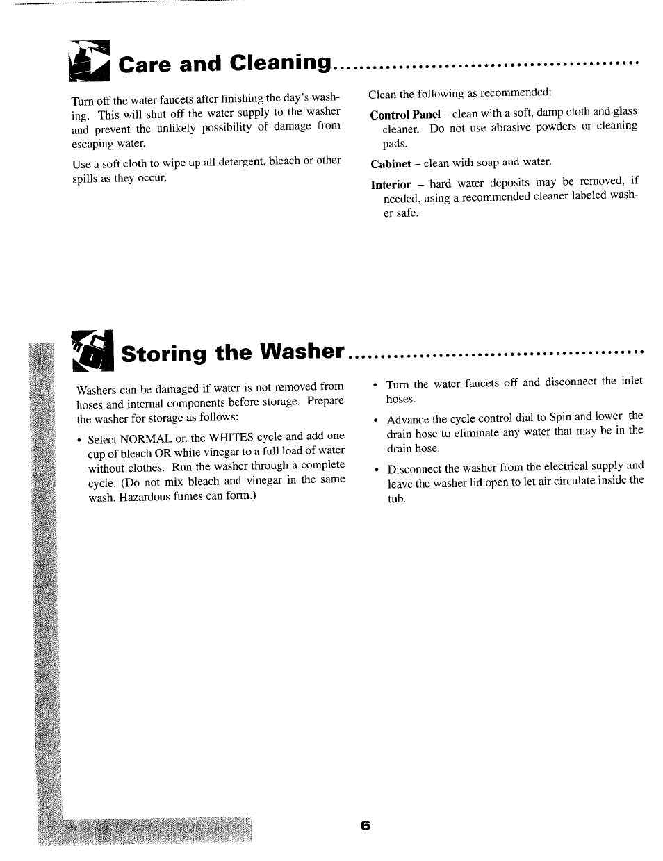 Care and cleaning, Si storing the washer, Storing the washer | Maytag MAV-2 User Manual | Page 7 / 10