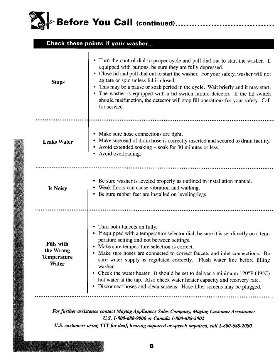 Before you call (continued), Before you call | Maytag MAV-2 User Manual | Page 9 / 10