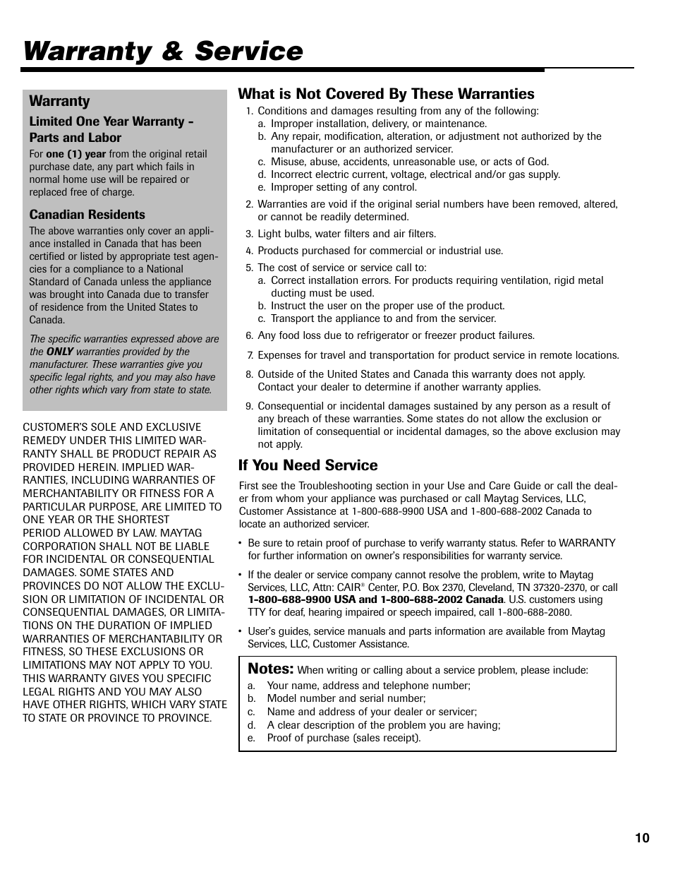 Warranty & service, Warranty, What is not covered by these warranties | If you need service | Maytag MAV-31 User Manual | Page 11 / 36