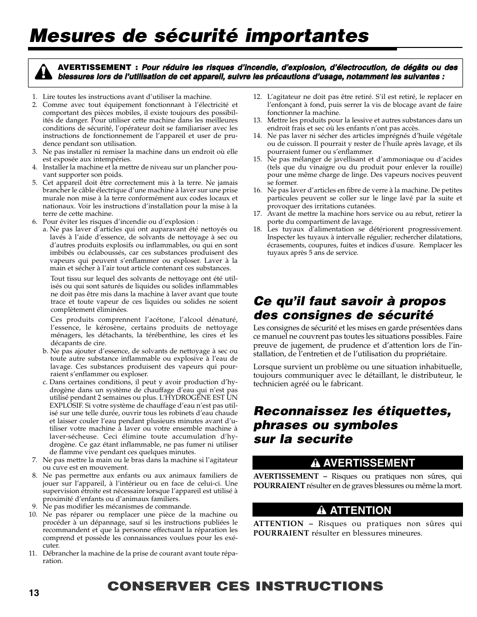 Mesures de sécurité importantes, Conserver ces instructions, Avertissement attention | Maytag MAV-31 User Manual | Page 14 / 36