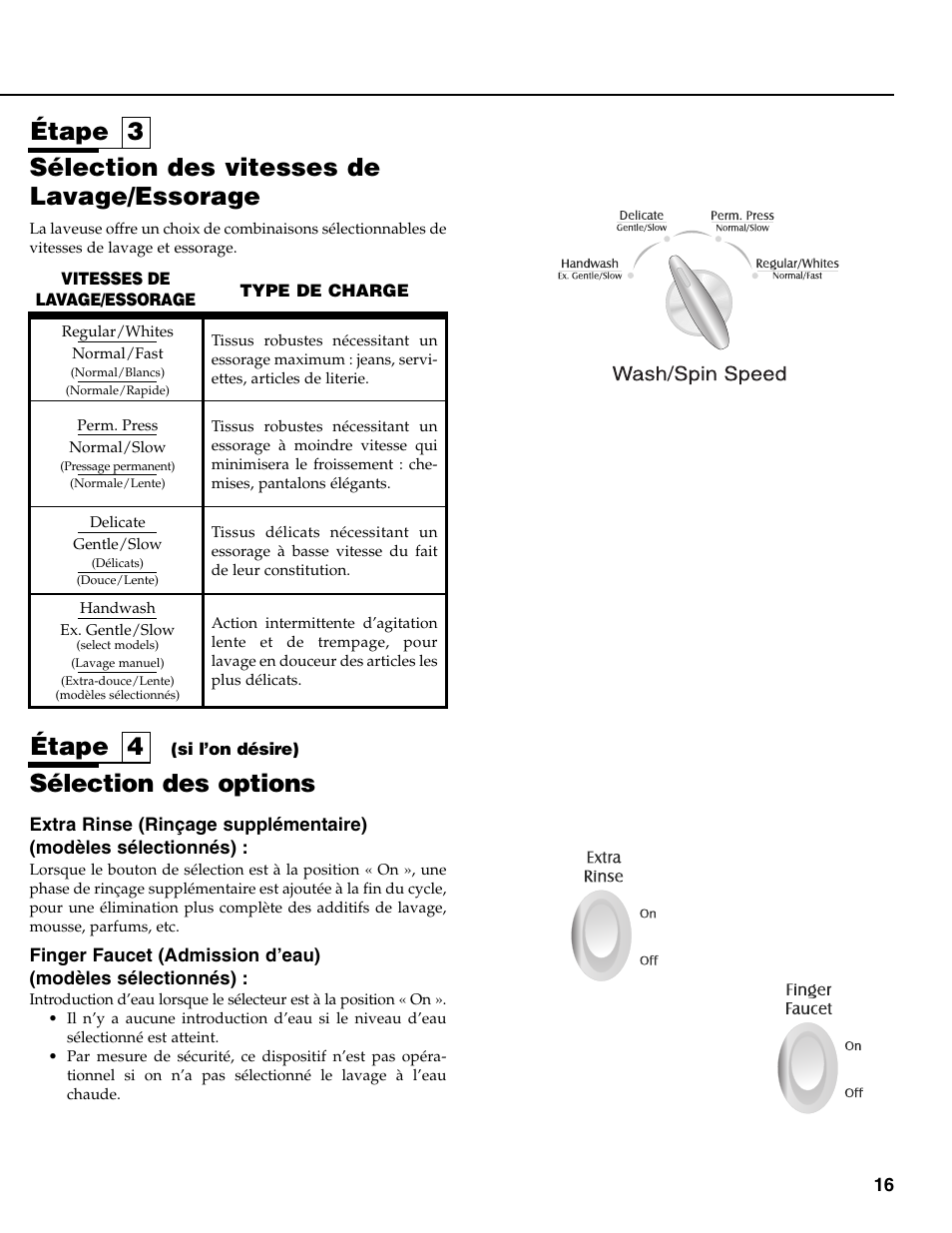 Sélection des vitesses de lavage/essorage, Sélection des options, Étape 3 étape 4 | Maytag MAV-31 User Manual | Page 17 / 36