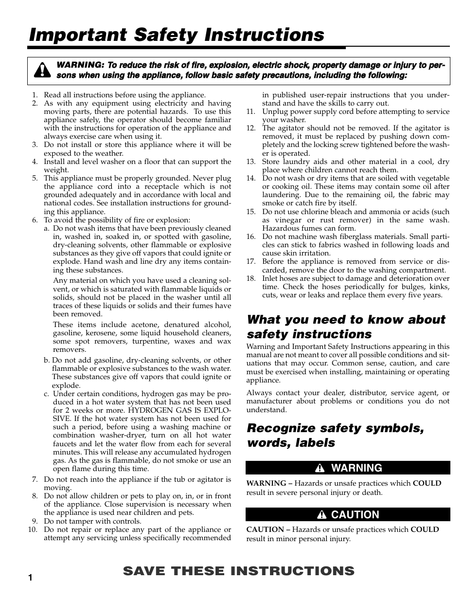 Important safety instructions, Save these instructions, Recognize safety symbols, words, labels | What you need to know about safety instructions, Warning caution | Maytag MAV-31 User Manual | Page 2 / 36