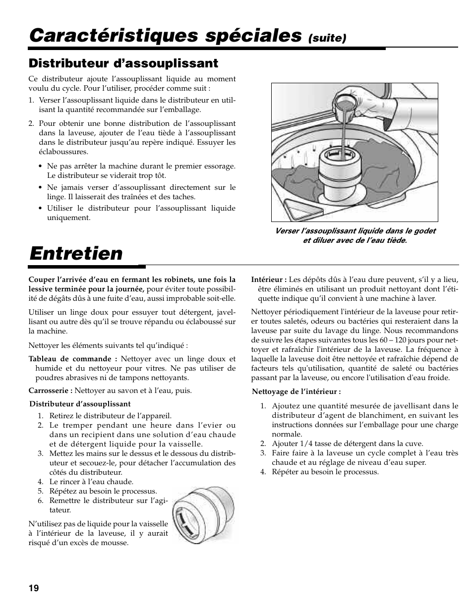 Entretien, Caractéristiques spéciales, Distributeur d’assouplissant | Suite) | Maytag MAV-31 User Manual | Page 20 / 36