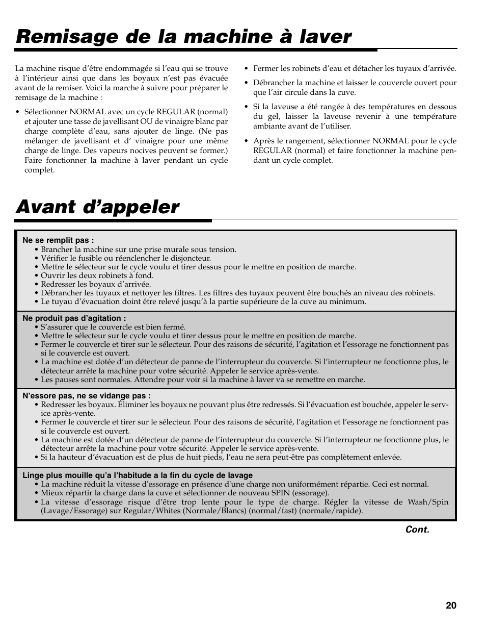Remisage de la machine à laver, Avant d’appeler | Maytag MAV-31 User Manual | Page 21 / 36