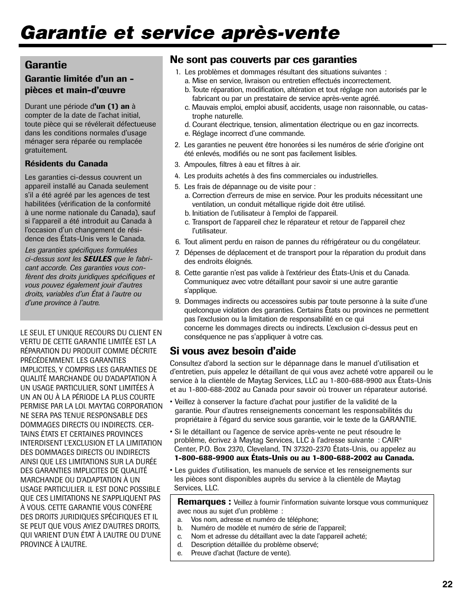 Garantie et service après-vente, Garantie, Ne sont pas couverts par ces garanties | Si vous avez besoin d’aide | Maytag MAV-31 User Manual | Page 23 / 36