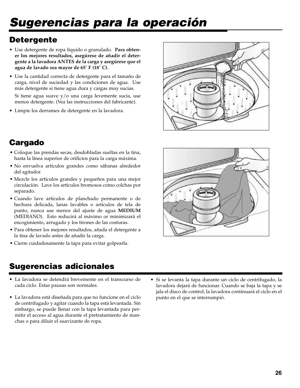 Sugerencias para la operación, Cargado, Sugerencias adicionales | Detergente | Maytag MAV-31 User Manual | Page 27 / 36