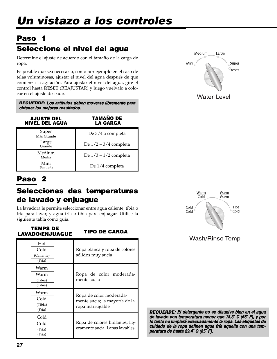 Un vistazo a los controles, Seleccione el nivel del agua, Selecciones des temperaturas de lavado y enjuague | Paso 1 paso 2, Wash/rinse temp water level | Maytag MAV-31 User Manual | Page 28 / 36