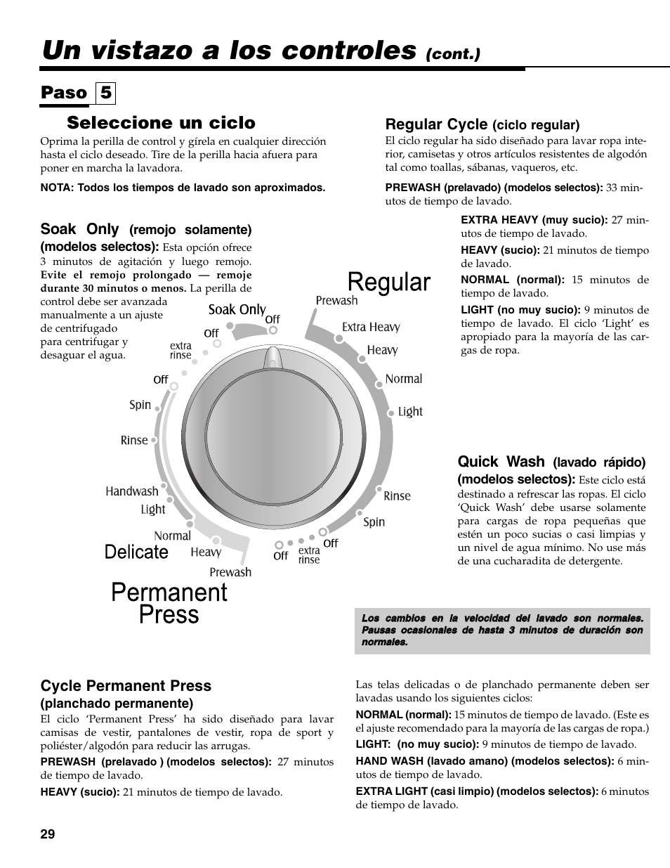 Un vistazo a los controles, Seleccione un ciclo, Paso 5 | Cycle permanent press, Cont.) soak only, Regular cycle, Quick wash | Maytag MAV-31 User Manual | Page 30 / 36