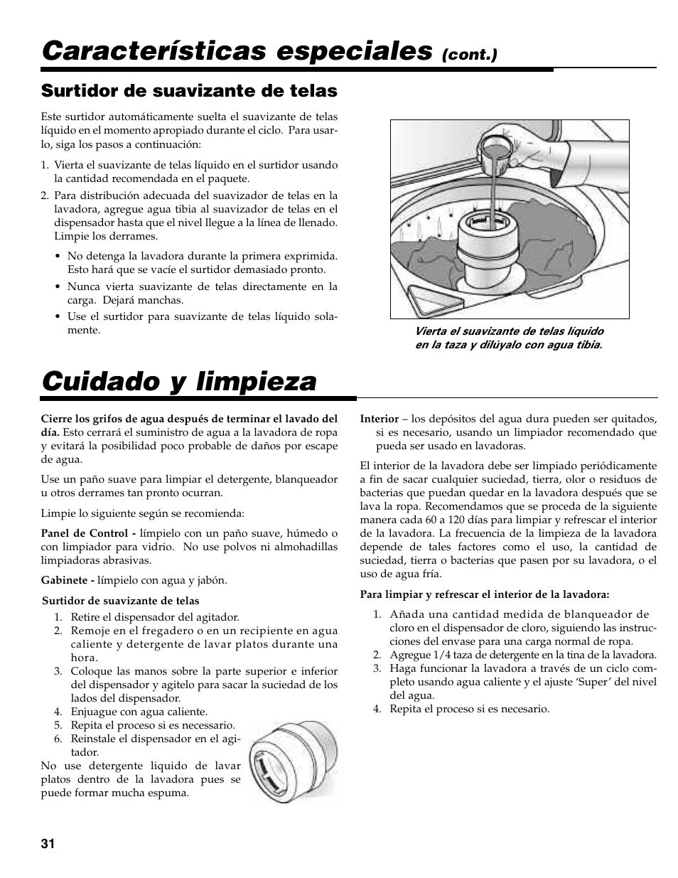 Cuidado y limpieza, Características especiales, Surtidor de suavizante de telas | Cont.) | Maytag MAV-31 User Manual | Page 32 / 36