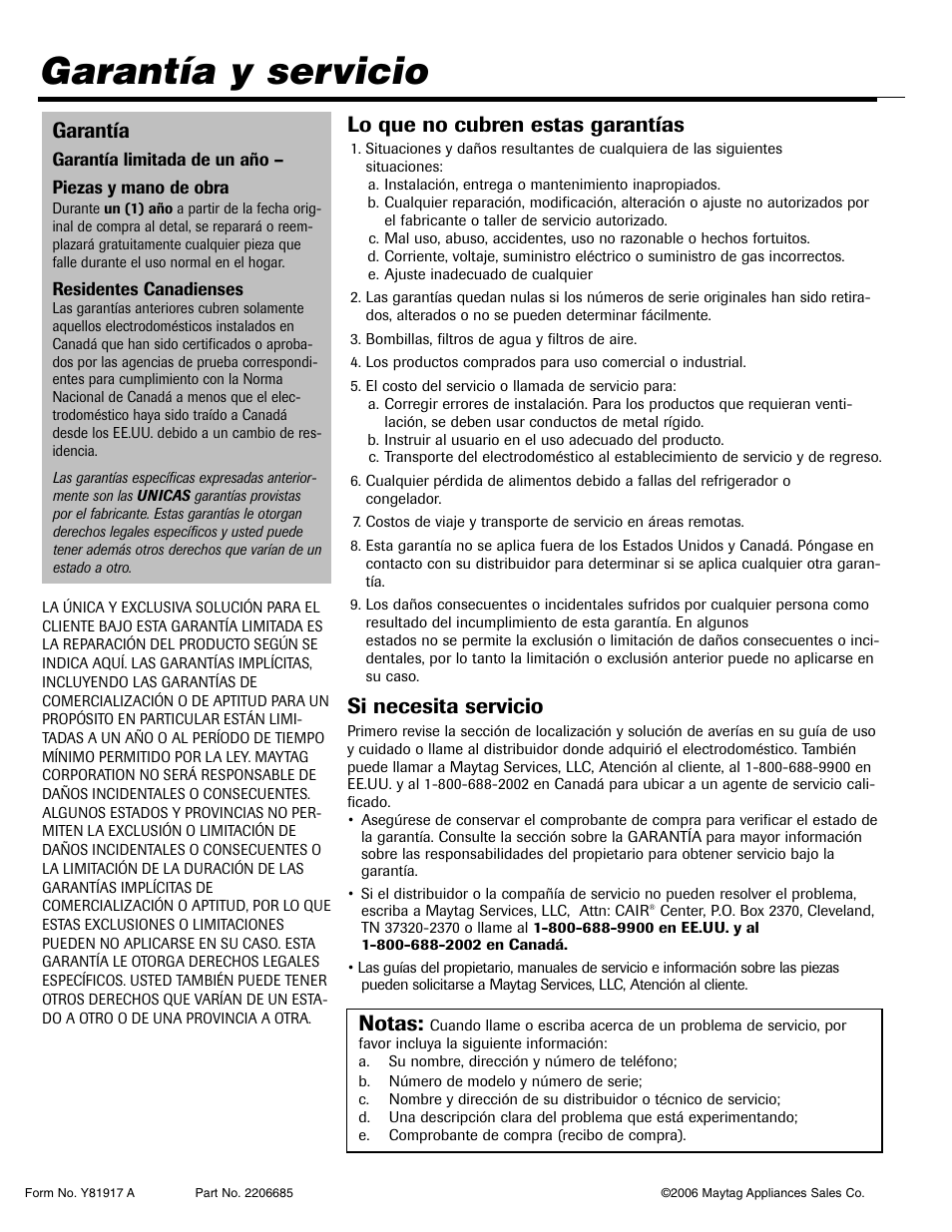 Garantía y servicio, Lo que no cubren estas garantías, Si necesita servicio | Garantía, Notas | Maytag MAV-31 User Manual | Page 36 / 36