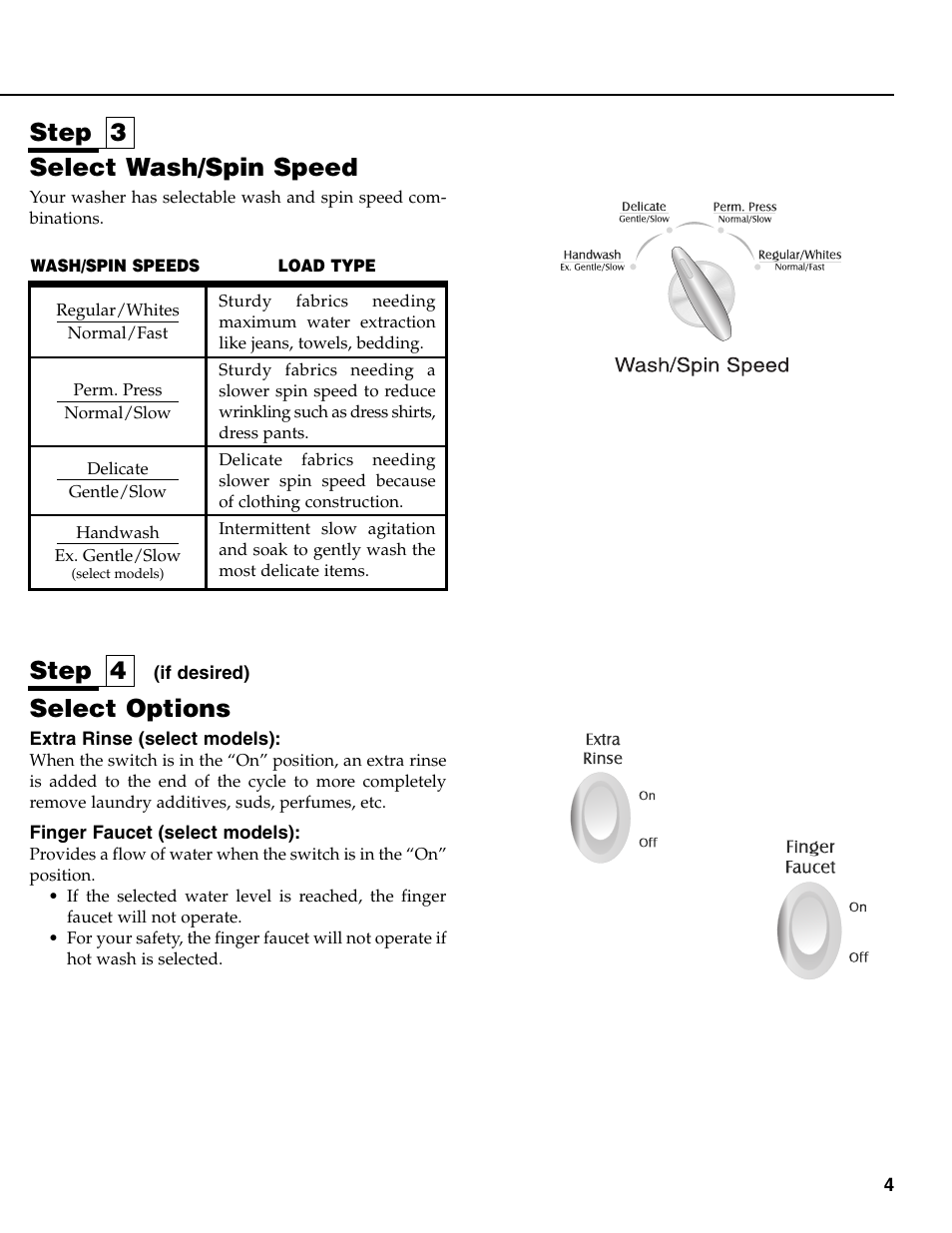 Select wash/spin speed, Select options, Step 3 | Step 4 | Maytag MAV-31 User Manual | Page 5 / 36