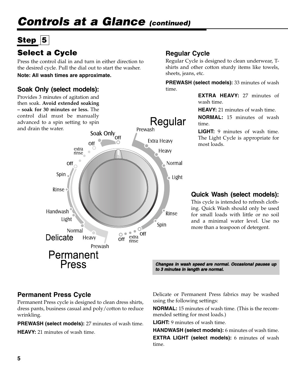 Controls at a glance, Select a cycle, Step 5 | Permanent press cycle, Continued) soak only (select models), Quick wash (select models), Regular cycle | Maytag MAV-31 User Manual | Page 6 / 36