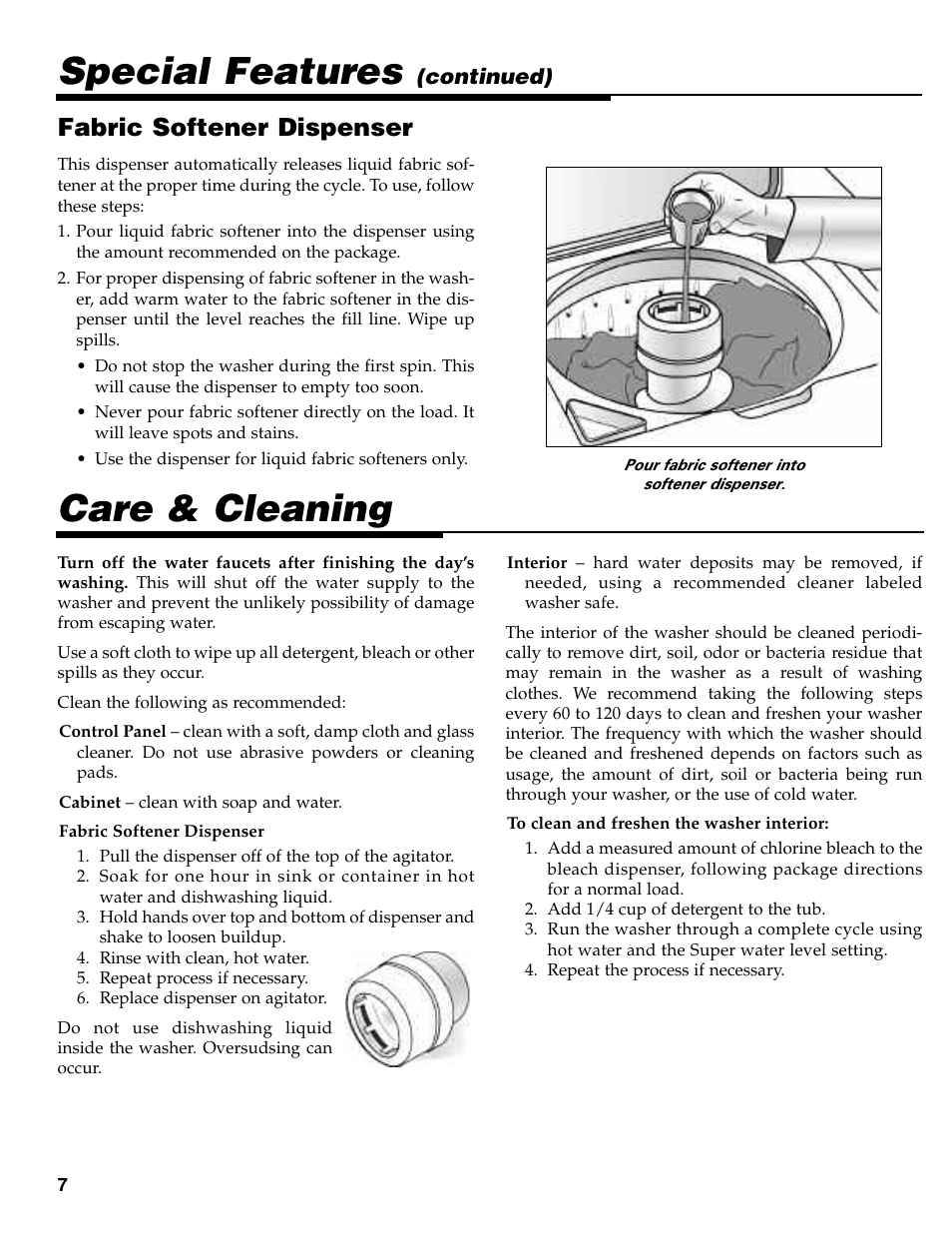 Care & cleaning, Special features, Fabric softener dispenser | Maytag MAV-31 User Manual | Page 8 / 36